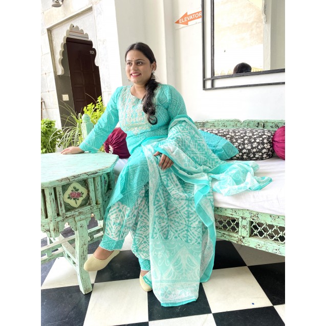 Sandwash Bandhni Turquoise Cotton Kurta set 